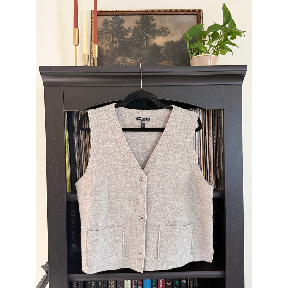Eileen Fisher Vest Women Medium Gray Wool Button Front Pocket Knit